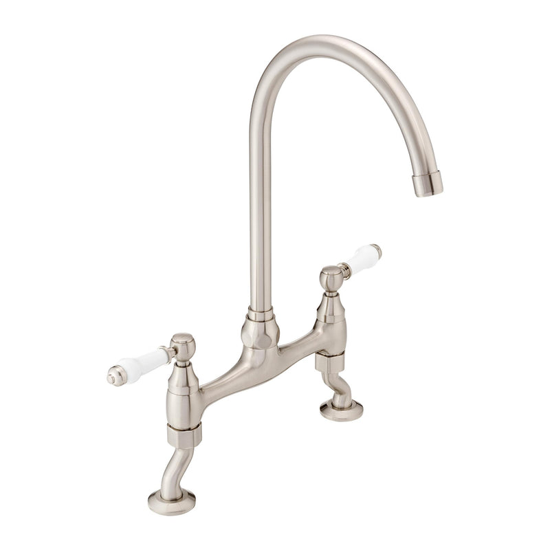ENKI, Astbury, KT104, Deck Mounted Antique Brass, Kitchen Sink Mixer Tap, Featuring a Swivel Swan Neck Spout and Quarter Turn Ceramic Levers, Solid Brass Construction, Traditional Design