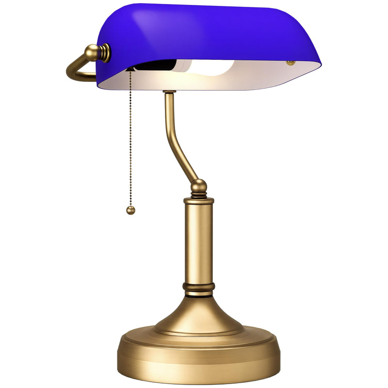 HOMCOM Banker's Table Lamp Desk Lamp with Antique Bronze Tone Base, Green Glass Shade and Pull Rope Switch for Home Office, Living Room, Bedroom, Dining Room, Green