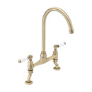 ENKI, Astbury, KT104, Deck Mounted Antique Brass, Kitchen Sink Mixer Tap, Featuring a Swivel Swan Neck Spout and Quarter Turn Ceramic Levers, Solid Brass Construction, Traditional Design