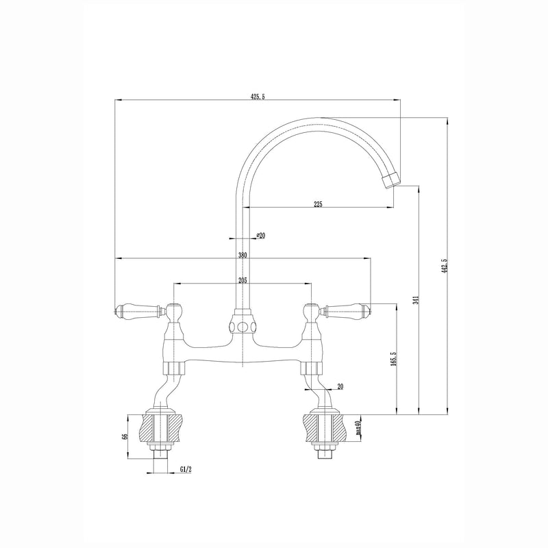 ENKI, Astbury, KT104, Deck Mounted Antique Brass, Kitchen Sink Mixer Tap, Featuring a Swivel Swan Neck Spout and Quarter Turn Ceramic Levers, Solid Brass Construction, Traditional Design
