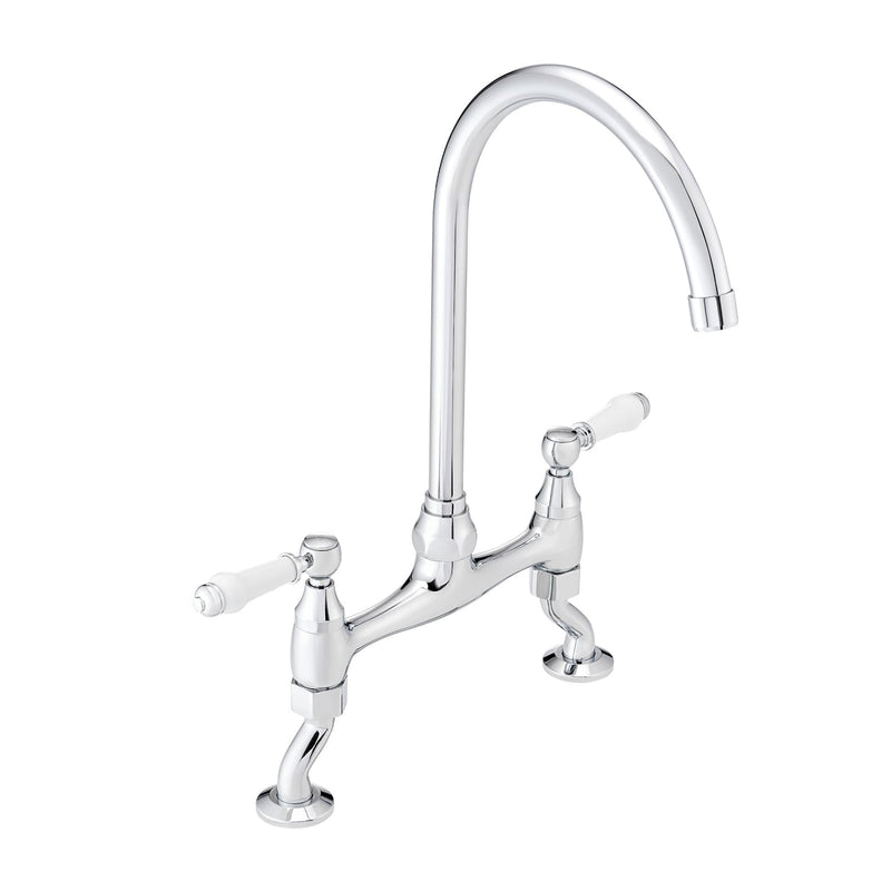 ENKI, Astbury, KT104, Deck Mounted Antique Brass, Kitchen Sink Mixer Tap, Featuring a Swivel Swan Neck Spout and Quarter Turn Ceramic Levers, Solid Brass Construction, Traditional Design
