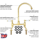 ENKI, Astbury, KT104, Deck Mounted Antique Brass, Kitchen Sink Mixer Tap, Featuring a Swivel Swan Neck Spout and Quarter Turn Ceramic Levers, Solid Brass Construction, Traditional Design