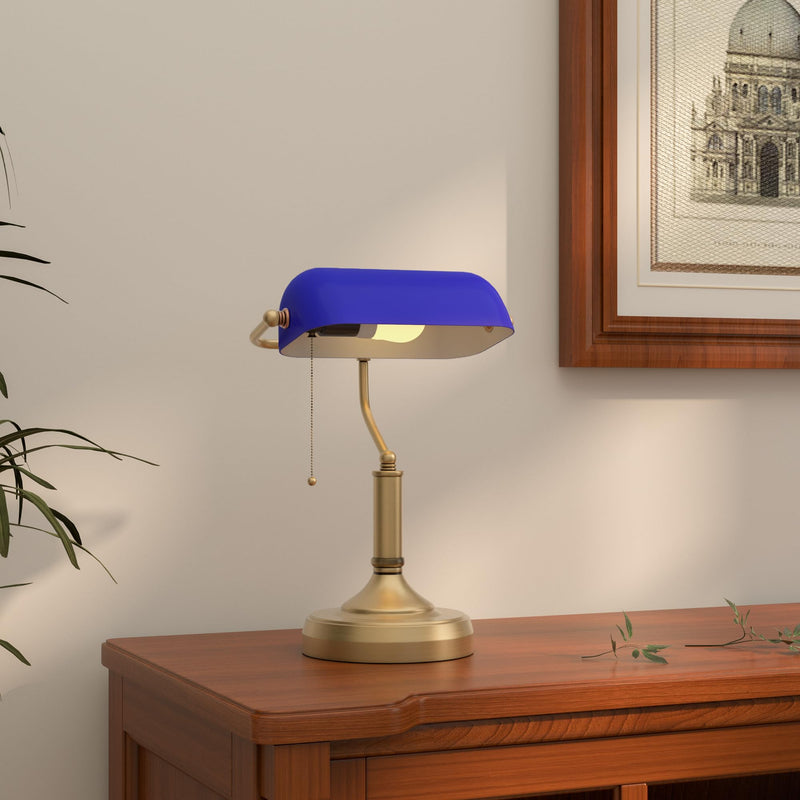 HOMCOM Banker's Table Lamp Desk Lamp with Antique Bronze Tone Base, Green Glass Shade and Pull Rope Switch for Home Office, Living Room, Bedroom, Dining Room, Green