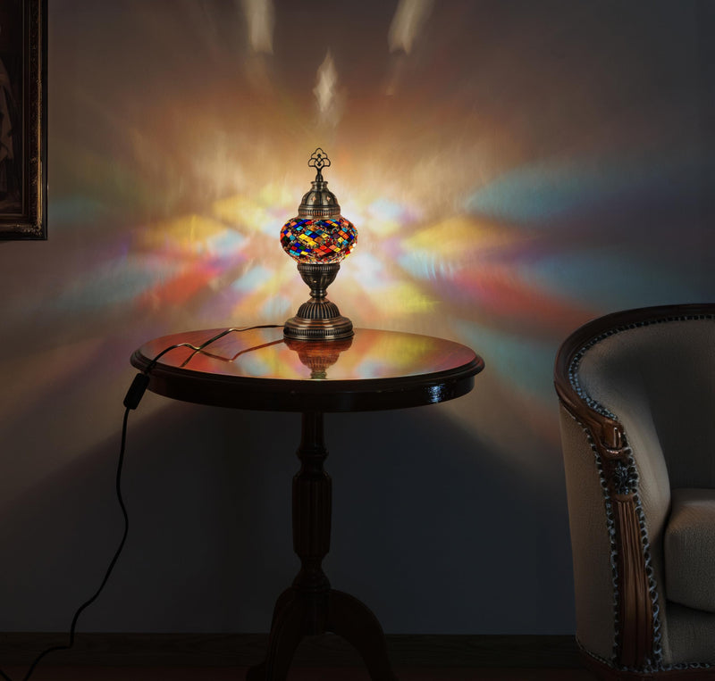 DEMMEX Handmade Colorful Mosaic Glass Table Desk Bedside Lamp Lampshade with Antique Brass Base, Small 11.8x5.5 in. (Middle East Rug)