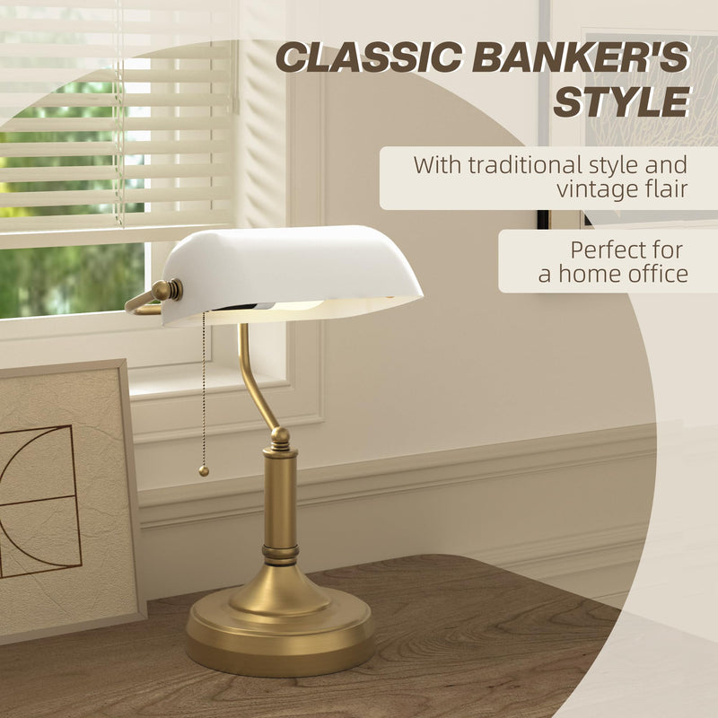 HOMCOM Banker's Table Lamp Desk Lamp with Antique Bronze Tone Base, Green Glass Shade and Pull Rope Switch for Home Office, Living Room, Bedroom, Dining Room, Green