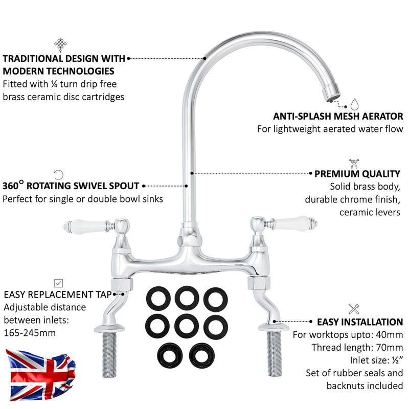 ENKI, Astbury, KT104, Deck Mounted Antique Brass, Kitchen Sink Mixer Tap, Featuring a Swivel Swan Neck Spout and Quarter Turn Ceramic Levers, Solid Brass Construction, Traditional Design
