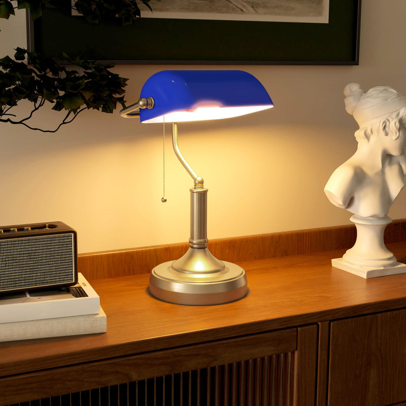 HOMCOM Banker's Table Lamp Desk Lamp with Antique Bronze Tone Base, Green Glass Shade and Pull Rope Switch for Home Office, Living Room, Bedroom, Dining Room, Green