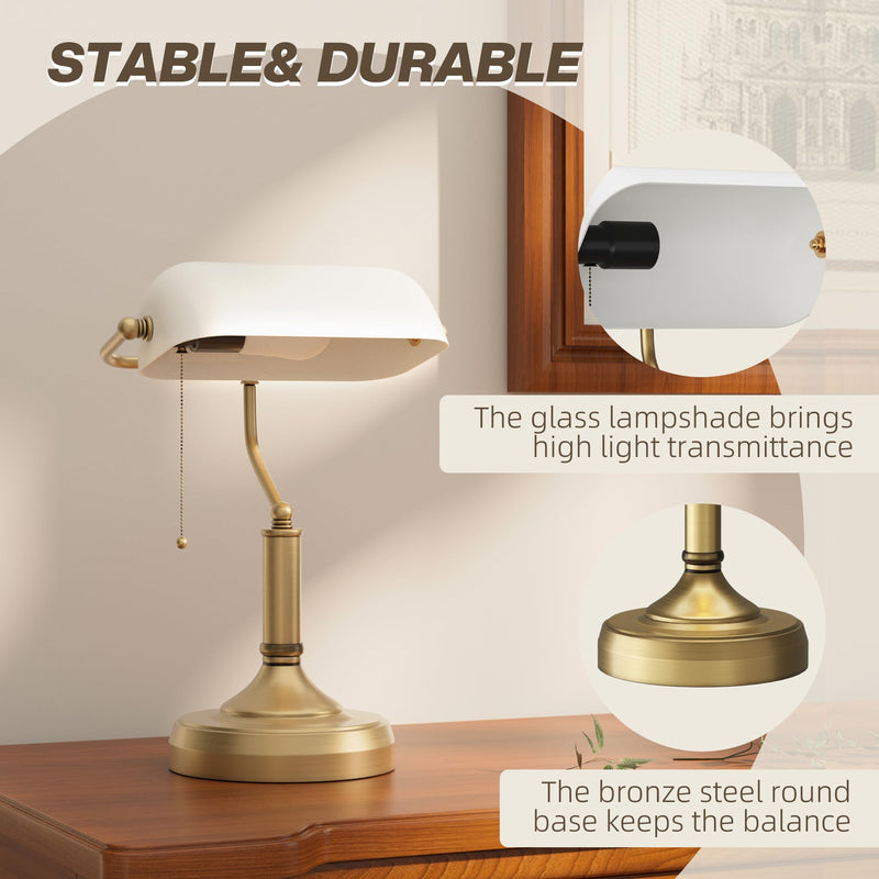 HOMCOM Banker's Table Lamp Desk Lamp with Antique Bronze Tone Base, Green Glass Shade and Pull Rope Switch for Home Office, Living Room, Bedroom, Dining Room, Green