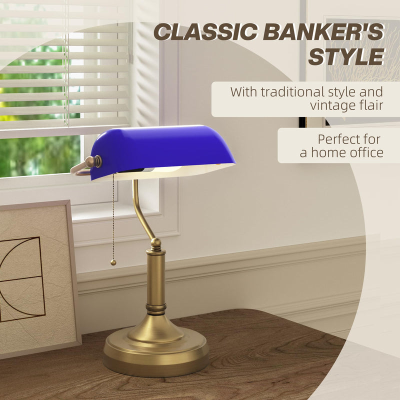 HOMCOM Banker's Table Lamp Desk Lamp with Antique Bronze Tone Base, Green Glass Shade and Pull Rope Switch for Home Office, Living Room, Bedroom, Dining Room, Green