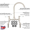 ENKI, Astbury, KT104, Deck Mounted Antique Brass, Kitchen Sink Mixer Tap, Featuring a Swivel Swan Neck Spout and Quarter Turn Ceramic Levers, Solid Brass Construction, Traditional Design