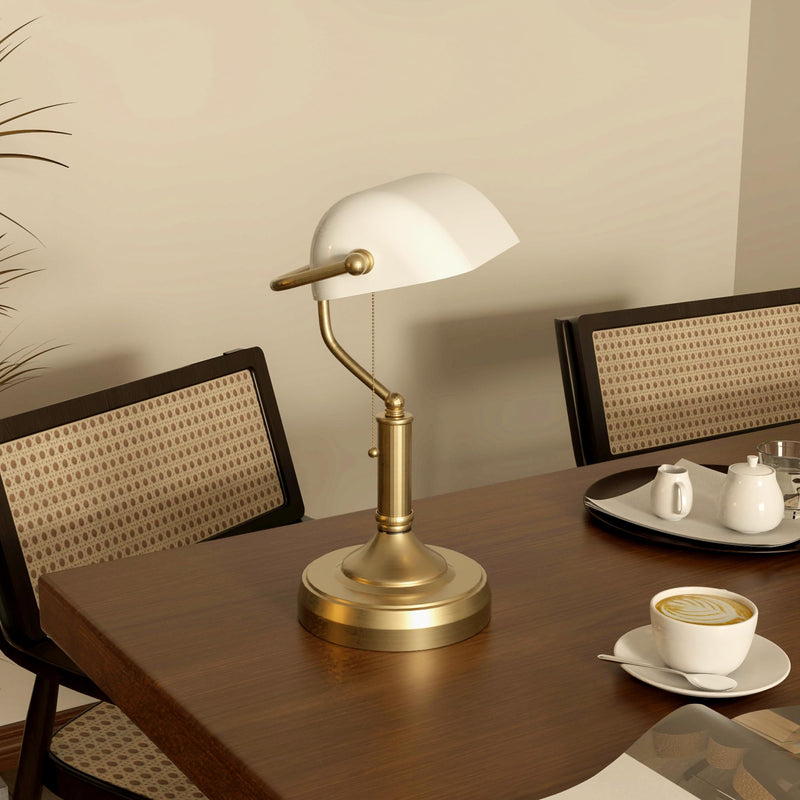 HOMCOM Banker's Table Lamp Desk Lamp with Antique Bronze Tone Base, Green Glass Shade and Pull Rope Switch for Home Office, Living Room, Bedroom, Dining Room, Green