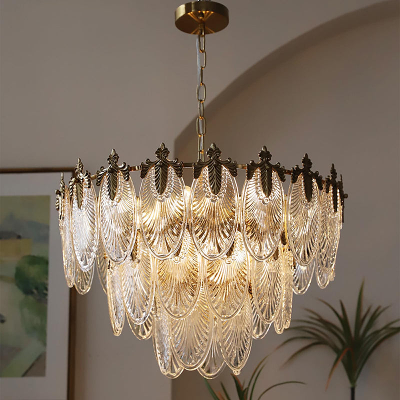 Antique Chandeliers 3-Layer Crystal Glass Chandelier, 9-Lights Round Pendant Light 23.5" Brushed Brass Gold Adjustable Height, Applicable to Dining Room, Bedroom, Living Room, Foyer, Kitchen Island