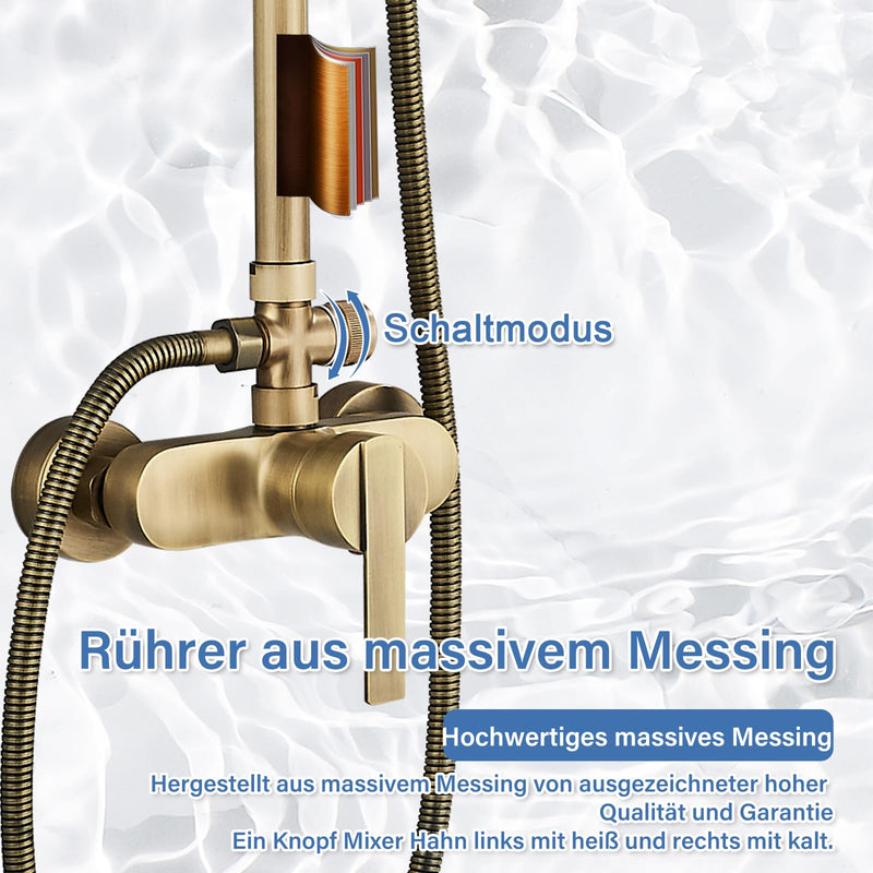 Rozin Antique Brass Shower System with 8 Inch Rain Shower Head and Hand Shower Single Handle Ready Wall Mounted Retro Shower Set