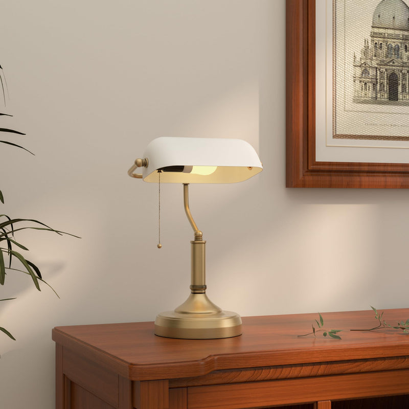 HOMCOM Banker's Table Lamp Desk Lamp with Antique Bronze Tone Base, Green Glass Shade and Pull Rope Switch for Home Office, Living Room, Bedroom, Dining Room, Green