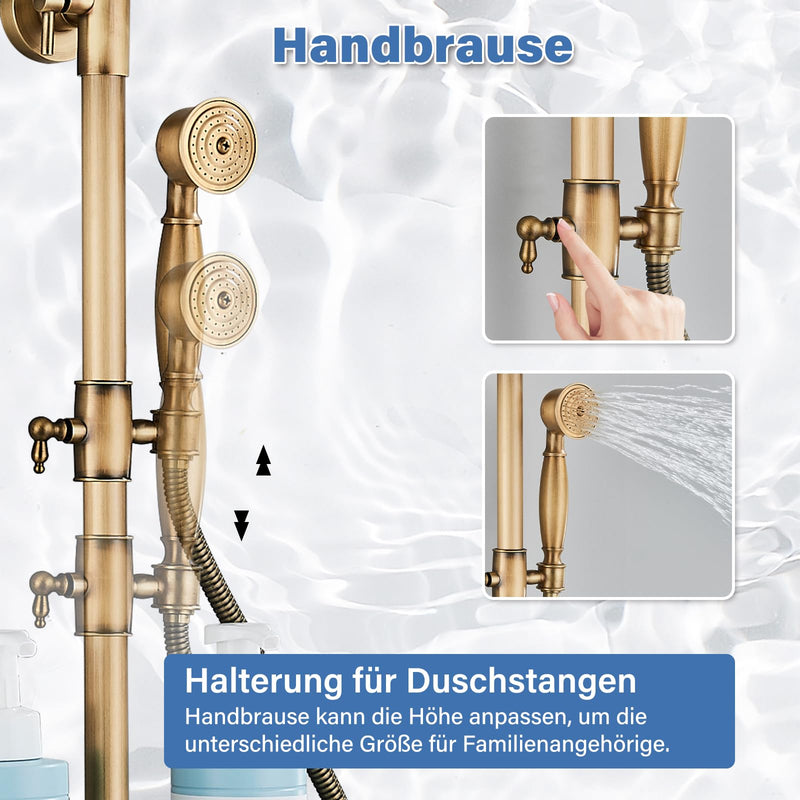 Rozin Antique Brass Shower System with 8 Inch Rain Shower Head and Hand Shower Single Handle Ready Wall Mounted Retro Shower Set