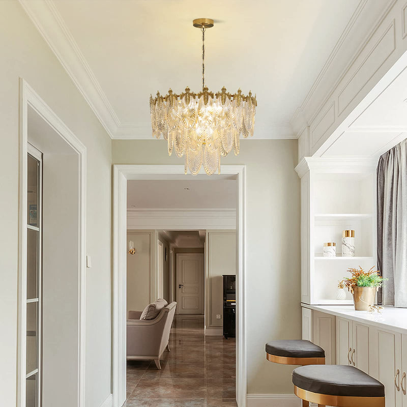 Antique Chandeliers 3-Layer Crystal Glass Chandelier, 9-Lights Round Pendant Light 23.5" Brushed Brass Gold Adjustable Height, Applicable to Dining Room, Bedroom, Living Room, Foyer, Kitchen Island