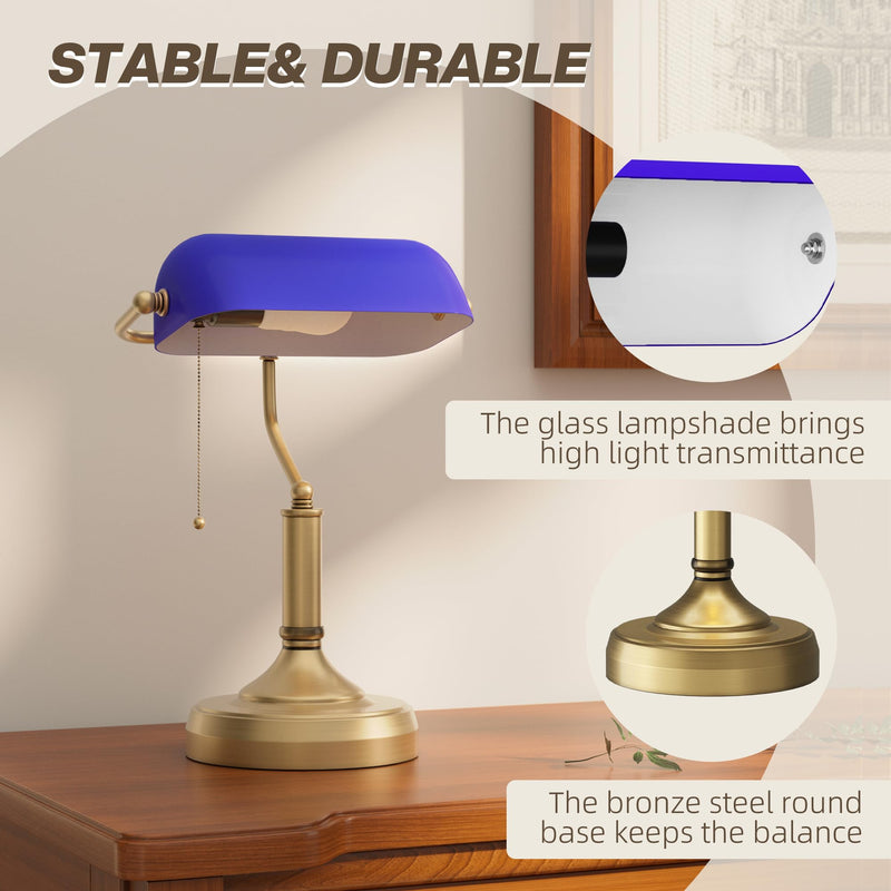 HOMCOM Banker's Table Lamp Desk Lamp with Antique Bronze Tone Base, Green Glass Shade and Pull Rope Switch for Home Office, Living Room, Bedroom, Dining Room, Green