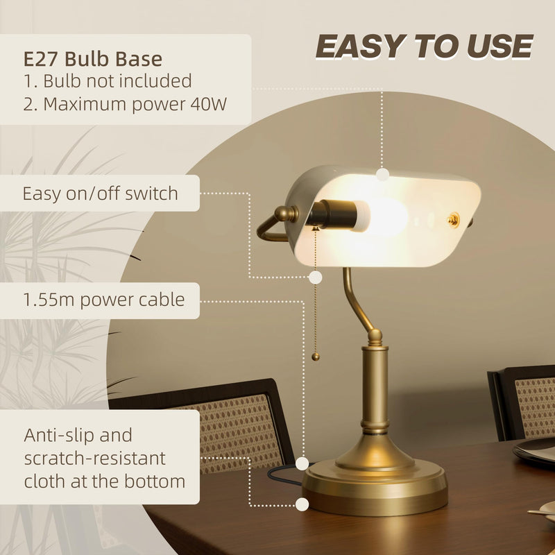HOMCOM Banker's Table Lamp Desk Lamp with Antique Bronze Tone Base, Green Glass Shade and Pull Rope Switch for Home Office, Living Room, Bedroom, Dining Room, Green