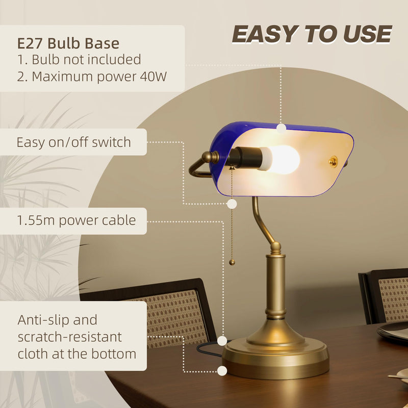 HOMCOM Banker's Table Lamp Desk Lamp with Antique Bronze Tone Base, Green Glass Shade and Pull Rope Switch for Home Office, Living Room, Bedroom, Dining Room, Green
