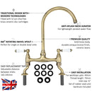 ENKI, Astbury, KT104, Deck Mounted Antique Brass, Kitchen Sink Mixer Tap, Featuring a Swivel Swan Neck Spout and Quarter Turn Ceramic Levers, Solid Brass Construction, Traditional Design