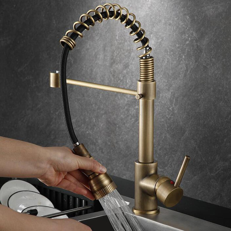 ZPSPZ Antique Brass Kitchen Tap with Pull Out Spray, 360° Swivel Hot and Cold Single Handle Retro Kitchen Mixer Taps - Brass Finish, Brown