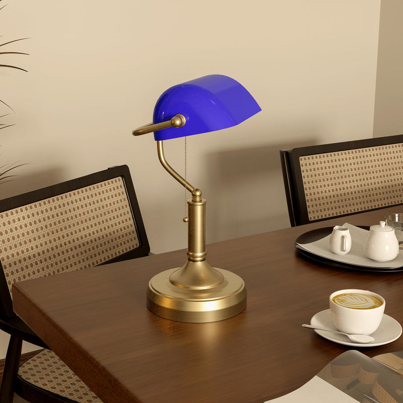 HOMCOM Banker's Table Lamp Desk Lamp with Antique Bronze Tone Base, Green Glass Shade and Pull Rope Switch for Home Office, Living Room, Bedroom, Dining Room, Green