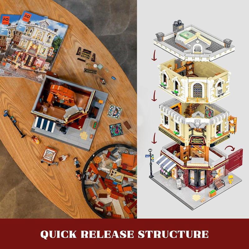 Funwhole Antique-Store Lighting Building-Bricks Set - City Town Life Corner Shop LED Light Construction Building Model Set 2847 Pcs for Adults and Teen