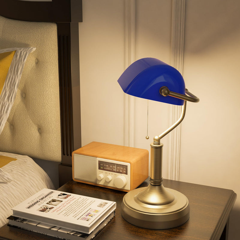 HOMCOM Banker's Table Lamp Desk Lamp with Antique Bronze Tone Base, Green Glass Shade and Pull Rope Switch for Home Office, Living Room, Bedroom, Dining Room, Green