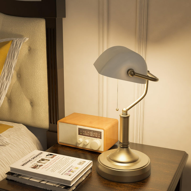 HOMCOM Banker's Table Lamp Desk Lamp with Antique Bronze Tone Base, Green Glass Shade and Pull Rope Switch for Home Office, Living Room, Bedroom, Dining Room, Green