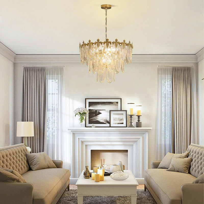 Antique Chandeliers 3-Layer Crystal Glass Chandelier, 9-Lights Round Pendant Light 23.5" Brushed Brass Gold Adjustable Height, Applicable to Dining Room, Bedroom, Living Room, Foyer, Kitchen Island