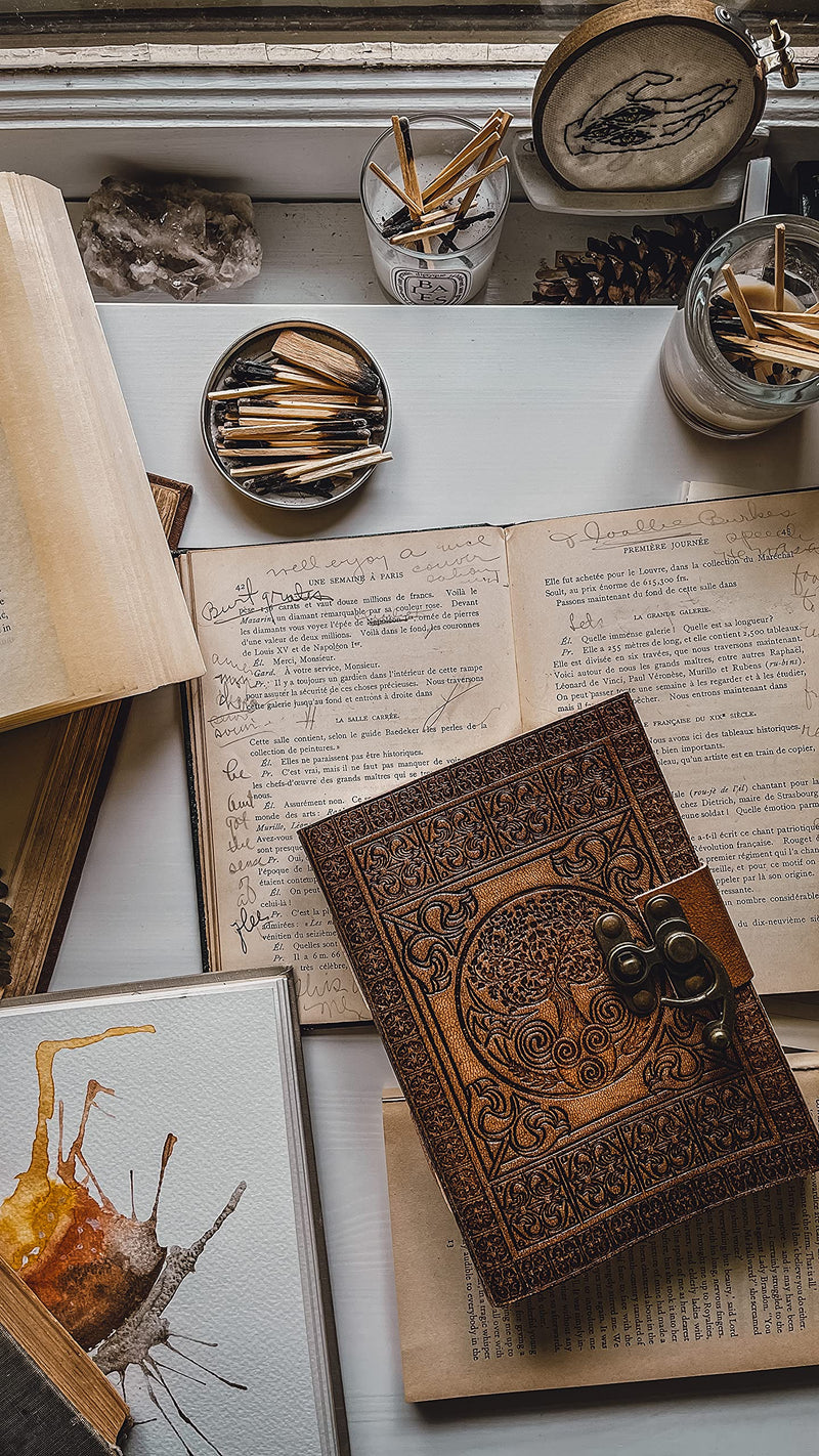 DreamKeeper Handmade Leather Journal Notebook - Aisling Antique Celtic Tree Of Life Embossed Writing, Sketching and Travel Journals for Women and Men | Grimoire Journal Diary Book of Shadows | A5